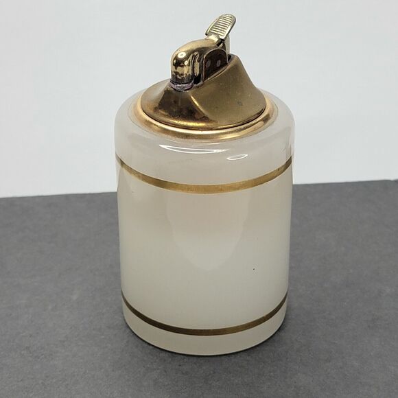 Vintage Evans Table Lighter Milk Glass  Brass Gold Details - Picture 4 of 11